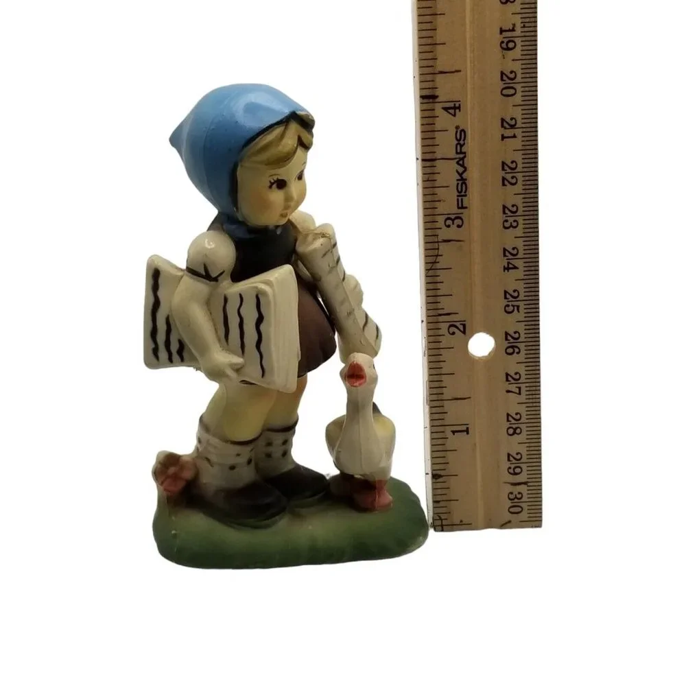 Vintage Plastic Figurine Girl with Duck Figure Made in Hong Kong Blue Scarf